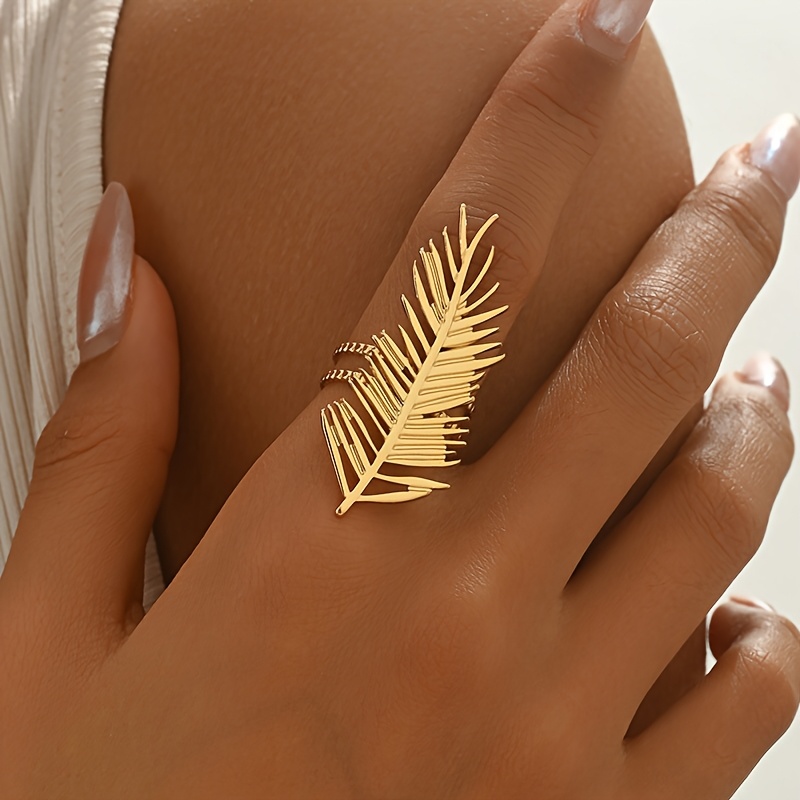 Golden Tone Stainless Steel Leaf Ring for Women Adjustable Open Delicate Accesso
